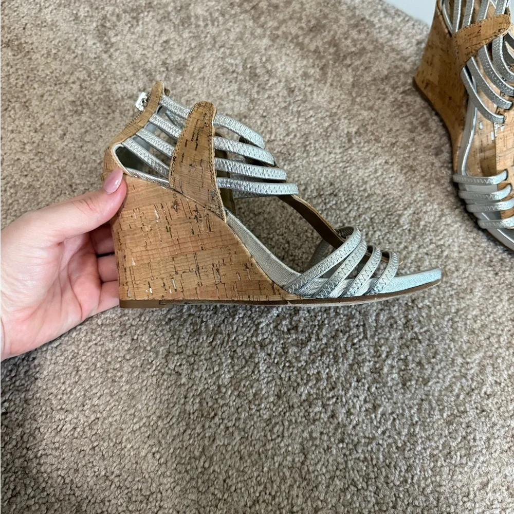 Donald J Pliner Silver Strappy Cork Wedge Sandals 8.5M